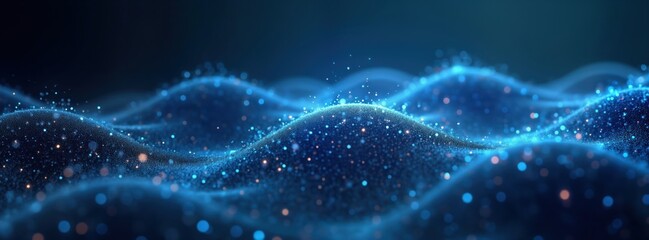 Poster - Abstract blue particles wave background shows dynamic mesh design. Big data concept. Wave lines glowing effect. Modern tech background. Suitable for landing pages. Visualizes data flow. Futuristic,