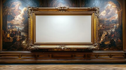 Empty gold frame in museum gallery with historic murals background