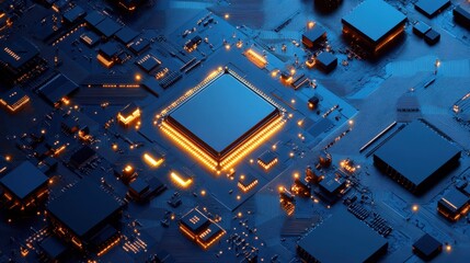 Poster - A high-tech semiconductor processing machine with glowing components on a bold blue background.