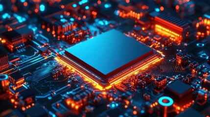 Poster - A high-tech semiconductor processing machine with glowing components on a bold blue background.