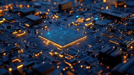 Poster - A high-tech semiconductor processing machine with glowing components on a bold blue background.