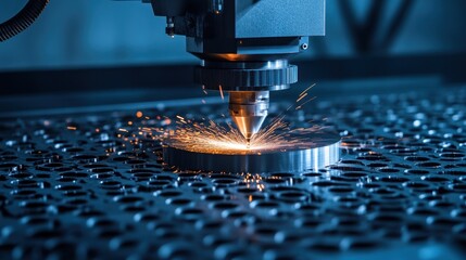 Poster - A laser cutting machine precisely shaping metal on a deep blue background.