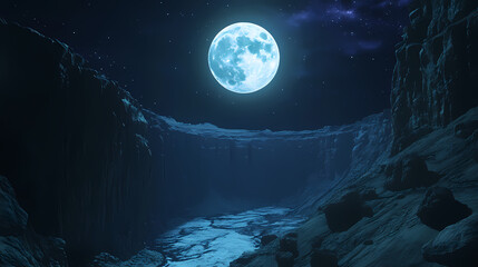 a full moon illuminates a dark canyon on an alien world. indigo cliff. illustration