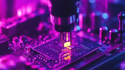 Poster - A precision robotic soldering system working on a PCB board on a neon yellow background.