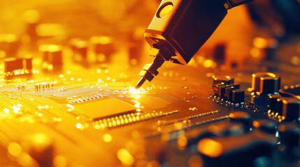 Poster - A precision robotic soldering system working on a PCB board on a neon yellow background.