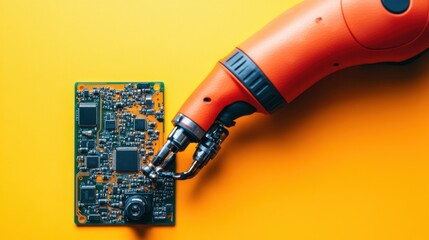 Poster - A precision robotic soldering system working on a PCB board on a neon yellow background.