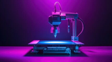 Poster - A smart industrial D printing factory producing metallic parts on a deep purple background.