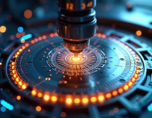 Poster - Futuristic tech manufacturing process. High-tech robotic arm performs precision operation. Advanced assembly line in action. Innovation, automation drive efficiency. Quality control measures in