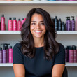 © El So - Woman sitting in salon, surrounded by an array of hair care products, illustrating a complete hair care routine with top-quality beauty essentials for perfect hair.