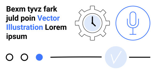 Abstract interface elements arranged around a clock gear, a microphone icon, and dummy text. Ideal for user interface, user experience, digital products, web development, time management, media