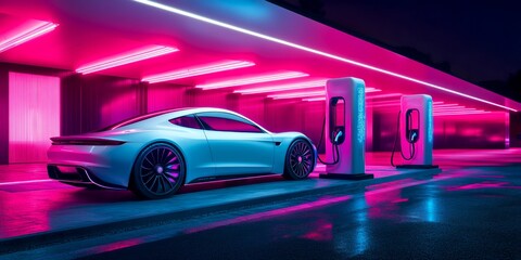 Poster - A sleek white electric car charging at night. The vibrant neon pink lights create an ultra-modern atmosphere. Perfect for tech enthusiasts and eco-friendly marketing. AI