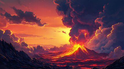 volcano eruption, stunning sunset, lava flow, dramatic cloud formations. lava ridge. illustration