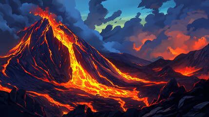 dramatic lava flow ignited by volcanic eruption on mountain ridge. lava peaks. illustration. lava ri