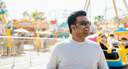 Wall Mural - A man wearing a gray sweater is smiling and standing in front of a carnival