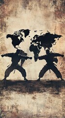 Two Fighter Silhouettes on a World Map, Representing a Global Martial Arts Competition