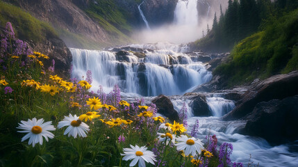 Poster - A beautiful waterfall surrounded by vibrant wildflowers and lush green foliage, symbolizing the harmony of nature and the calming effect of natural landscapes.