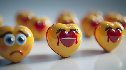 Wall Mural - Heart-eyed, happy, and crying emojis in an orderly group on white