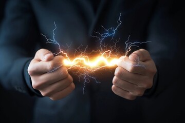 Poster - Powerful electricity discharge between businessman’s hands, representing energy, innovation, high voltage, and futuristic technology in digital business concepts, Generative AI