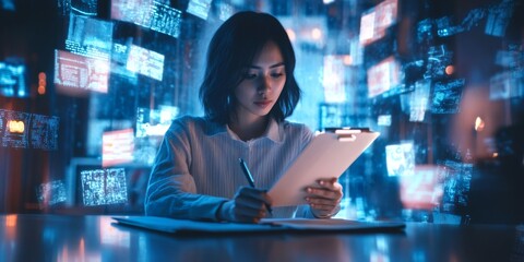 Aufkleber - A focused young woman examines documents with digital data surrounding her. The modern workspace shows a blend of technology and analysis. Perfect for tech and business themes. AI