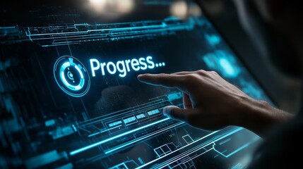 Fototapete - Hand touching a virtual progress indicator with futuristic glowing effects, symbolizing digital transformation, technology advancement, and business development, Generative AI
