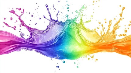 Aufkleber - Vibrant rainbow color splash with water droplets on white background, representing creativity, energy, abstract design, and artistic expression in digital art, Generative AI