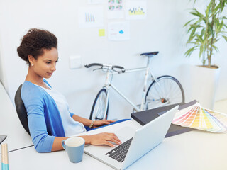 Aufkleber - Business, architecture and woman in office, laptop and email with positive review, internet and feedback. Person, employee and consultant with renovation project, computer for research and creativity
