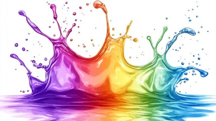 Aufkleber - Vibrant rainbow color splash with water droplets on white background, representing creativity, energy, abstract design, and artistic expression in digital art, Generative AI