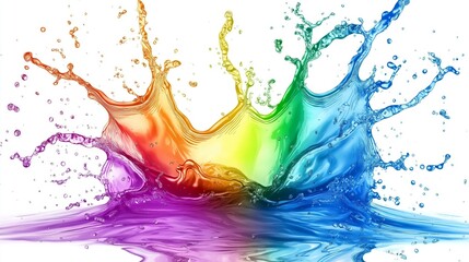 Aufkleber - Vibrant rainbow color splash with water droplets on white background, representing creativity, energy, abstract design, and artistic expression in digital art, Generative AI