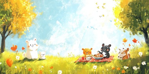 Adorable Animals Enjoying A Sunny Picnic Outdoors