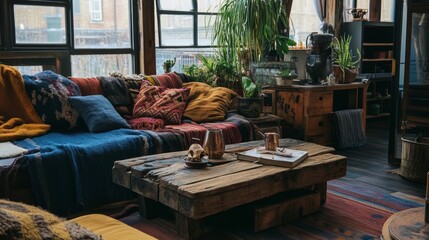 Wall Mural - Cozy and Inviting Living Room with Rustic Decor and Greenery