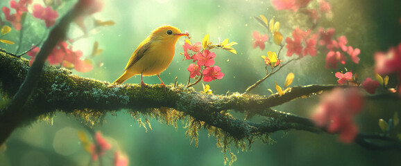 Poster - A vibrant yellow bird perched on a mossy branch adorned with pink flowers, illuminated by soft sunlight. This image symbolizes the beauty of spring, nature, and peaceful wildlife moments.