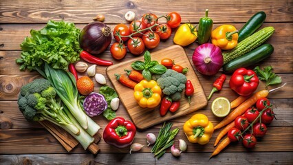 colorful array of fresh vegetables arranged artfully on a wooden cutting board, nutrition