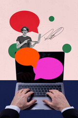 Aufkleber - 3D collage design composite trend artwork sketch of hands type laptop young lady smile finger point cloud message empty space dialog