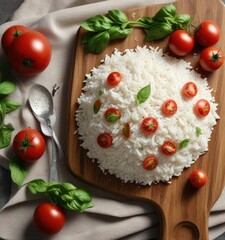 Canvas Print - High angle shot of white rice, tomatoes and basil on cutting board, gluten-free, eating clean, whole grains