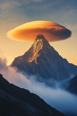 Poster - Golden lenticular cloud hovering above a sharp mountain peak at sunrise, surrounded by mist and soft light, symbolizing natural majesty and awe-inspiring beauty.