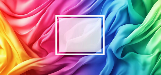 An abstract background with colorful waves and a white frame for design, featuring rainbow gradient colors. The 3D render includes a flat lay composition with a white square in the center, perfect for