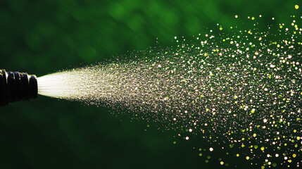 Aufkleber - close-up of a water spray from a nozzle against a green bokeh background, symbolizing freshness, mot