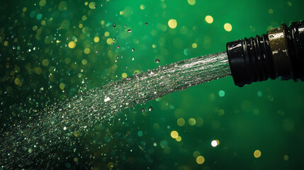 Poster - close-up of a water spray from a hose nozzle against a vibrant green bokeh background, symbolizing f