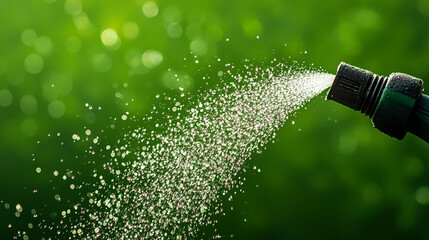 Aufkleber - close-up of water spray from a garden hose nozzle against a vibrant green bokeh background, symboliz
