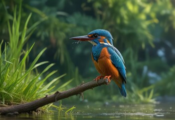 Wall Mural - Kingfisher Alcedo atthis perched on a blade of grass overlooking a slow-moving and shallow stream with aquatic life, river, wetland scene, sunlit scene