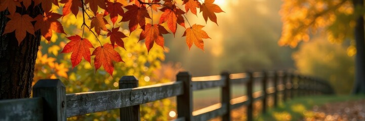 Wall Mural - Leafy branches with golden hues stretching towards a wooden fence, landscape, autumn, woodgrain