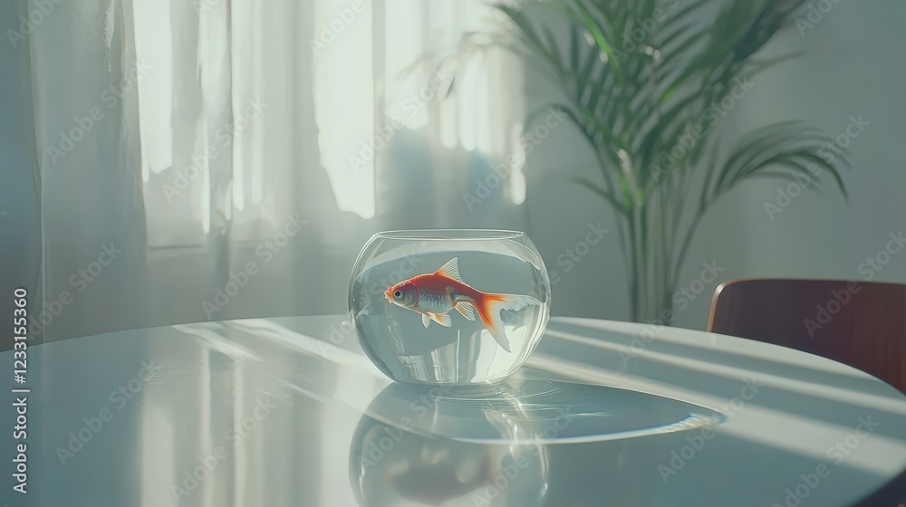 View of Goldfish swimming in a bowl on a table modern home interior photography ...