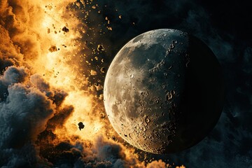 Wall Mural - the moon satellite explodes in space, surreal landscape