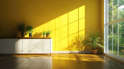 Wall Mural - Sunlit Interior with Lush Greenery and Vibrant Yellow Walls in Modern Home