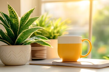 Wall Mural - Serene Morning Sunlight with Plants and a Cup