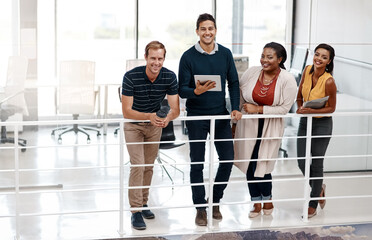 Leinwandbilder - Staff, portrait and diversity pride in office, collaboration and group of people in media agency. Employees, solidarity and manager with tablet for company mission, planning and united news team