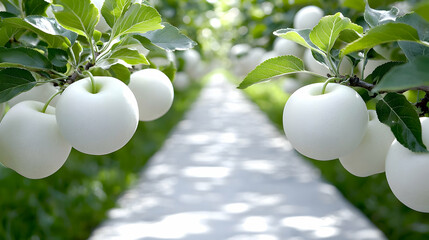 White apples orchard path sunlight harvest