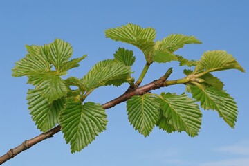 Springtime captures a minimalistic beech branch with vibrant green leaves, backlit for a striking effect
