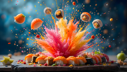 Aufkleber - A studio shot capturing a powerful, vibrant explosion of sushi rolls on a table. The rolls burst apart in a dramatic display, with ingredients flying in all directions, creating a dynamic and colorful