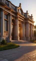 elegant royal residence aglow with evening sunlight, gentle glow, serene atmosphere